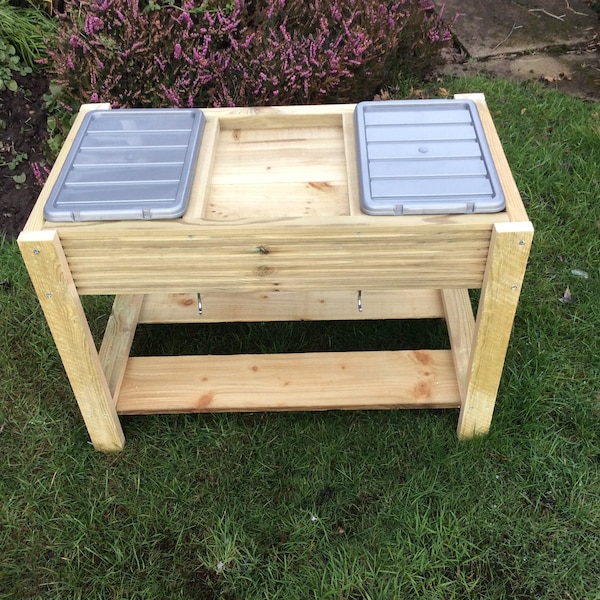 Indoor or Outdoor Dual Box Handmade Wooden Sand, Water or Mud Sensory Playtable - Weatherproof and Sturdy