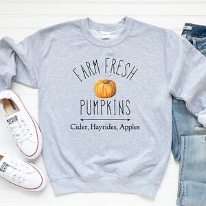 以下が含まれることがあります： かぼちゃのグラフィックと「Farm Fresh Pumpkins Cider, Hayrides, Apples」というテキストがプリントされたグレーのトレーナーです。