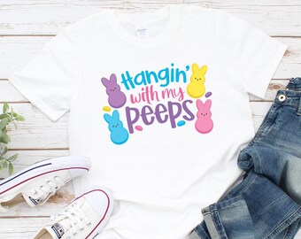 女性用イースターシャツ、ユニセックス、男性用、Hangin with my Peeps、レディースイースターバニーシャツ、大人向けイースターギフト、レディースイースターギフトTシャツ