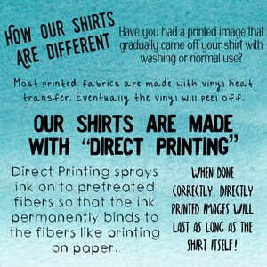 May include: A blue and white graphic explaining how direct printing makes shirts different from those made with vinyl heat transfer. The text reads "How our shirts are different. Have you had a printed image that gradually came off your shirt with washing or normal use? Most printed fabrics are made with vinyl heat transfer. Eventually the vinyl will peel off. Our shirts are made with "Direct Printing". Direct Printing sprays ink on to pretreated fibers so that the ink permanently binds to the fibers like printing on paper. When done correctly, directly printed images will last as long as the shirt itself!"