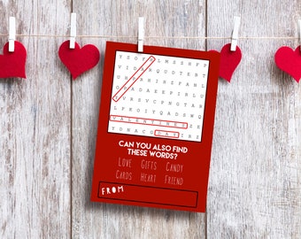 Printable Valentines for School, INSTANT DOWNLOAD Printable Kids Valentines, Class Classroom Valentine, Word Search Game Activity Cards