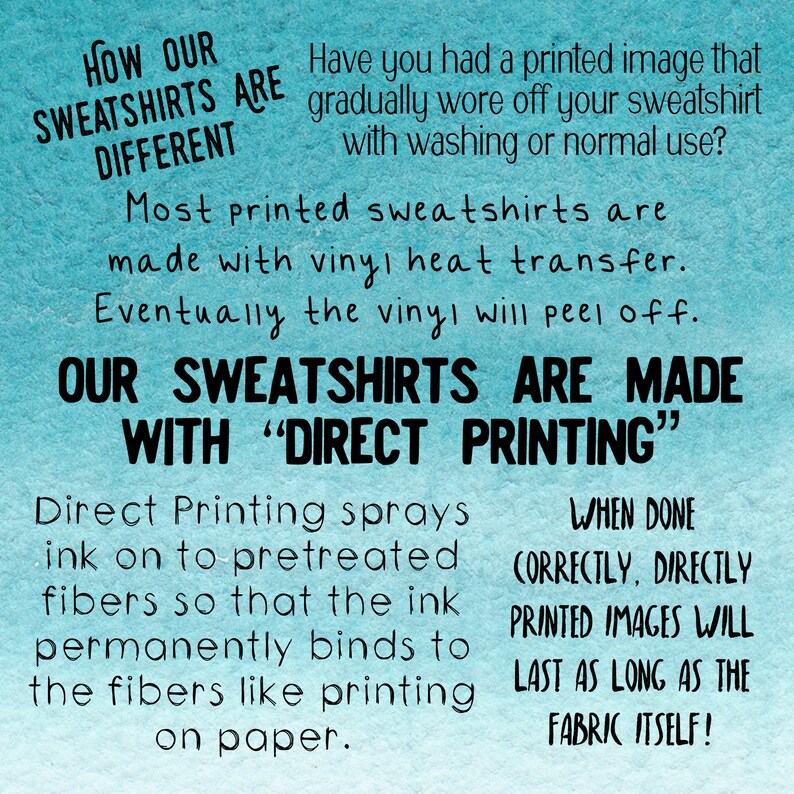 May include: A blue and white graphic with text that reads "How our sweatshirts are different". The text explains that most printed sweatshirts are made with vinyl heat transfer, which can peel off. The text goes on to say that their sweatshirts are made with "direct printing" where the ink is sprayed onto the fabric and permanently binds to the fibers. The text concludes that when done correctly, directly printed images will last as long as the fabric itself.