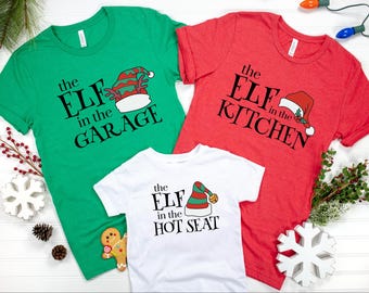 Elf on the Couch, Elf in the Kitchen, Funny Family Matching Christmas Tees, Christmas Shirt for Dad, Christmas Tee for Mom, Kids Holiday Tee