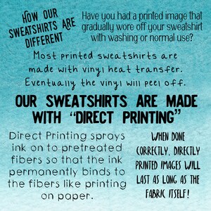 May include: A blue and white graphic with text that reads "How our sweatshirts are different". The text explains that most printed sweatshirts are made with vinyl heat transfer, which can peel off. The text also explains that their sweatshirts are made with "direct printing" where the ink is sprayed onto the fabric and permanently binds to the fibres. The text also states that when done correctly, directly printed images will last as long as the fabric itself.
