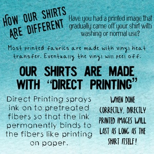May include: A blue and white graphic explaining how direct printing makes shirts different from those made with vinyl heat transfer. The text says "How our shirts are different" and "Our shirts are made with "Direct Printing"".