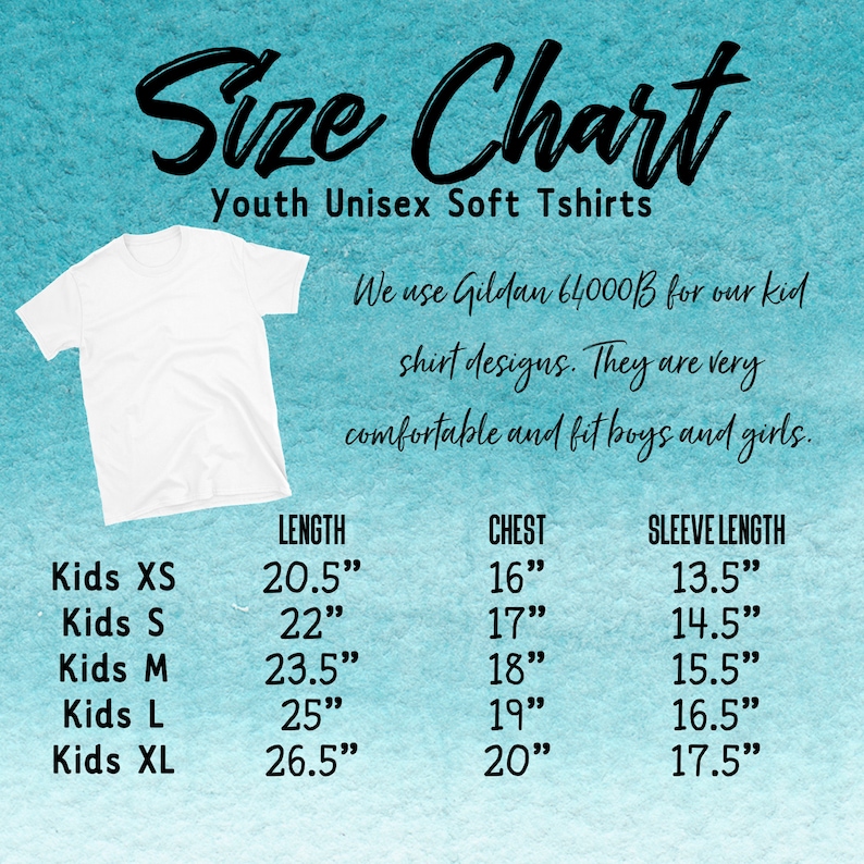 May include: White youth unisex soft t-shirt with a size chart. The chart includes measurements for length, chest, and sleeve length in inches for sizes XS to XL. The text states the shirts are Gildan 64000B and comfortable.
