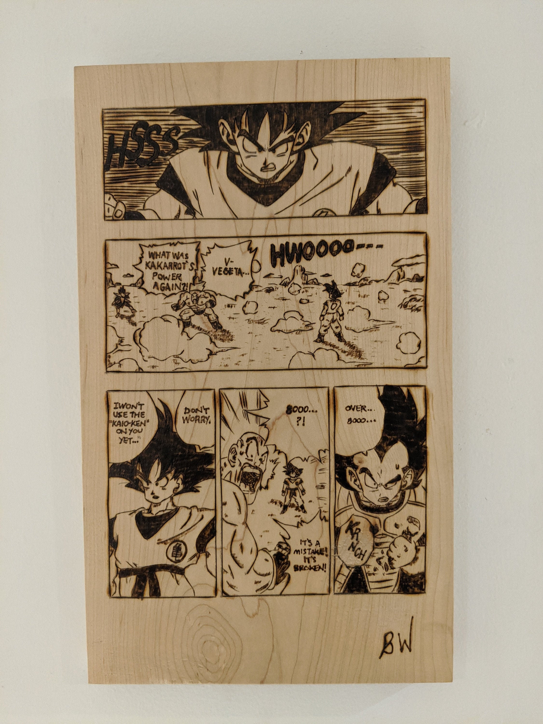 Dragon Ball Z Pyrography Manga Panel on Wood With Goku Nappa 