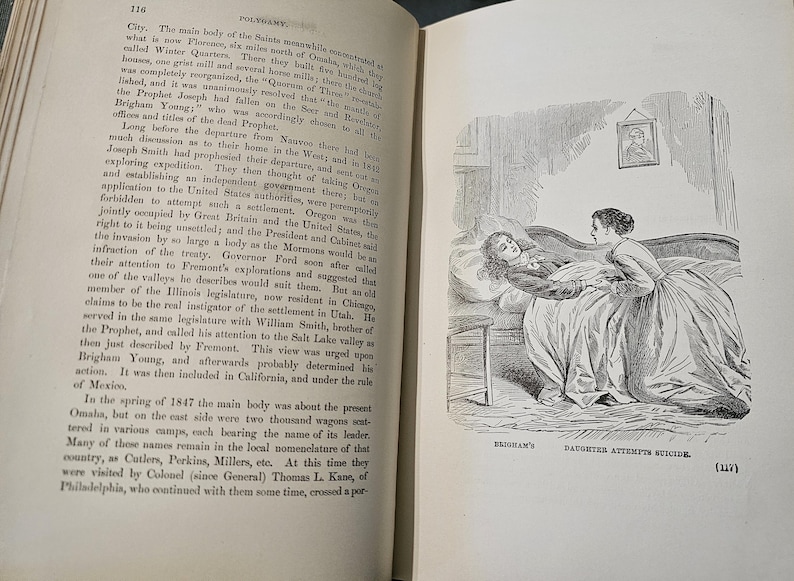 K&ouml;nnte beinhalten: Eine Schwarzwei&szlig;illustration einer Frau, die auf einem Bett sitzt und auf eine Frau schaut, die im Bett liegt. Die Bildunterschrift unter dem Bild lautet "Brigham's Daughter Attempts Suicide".