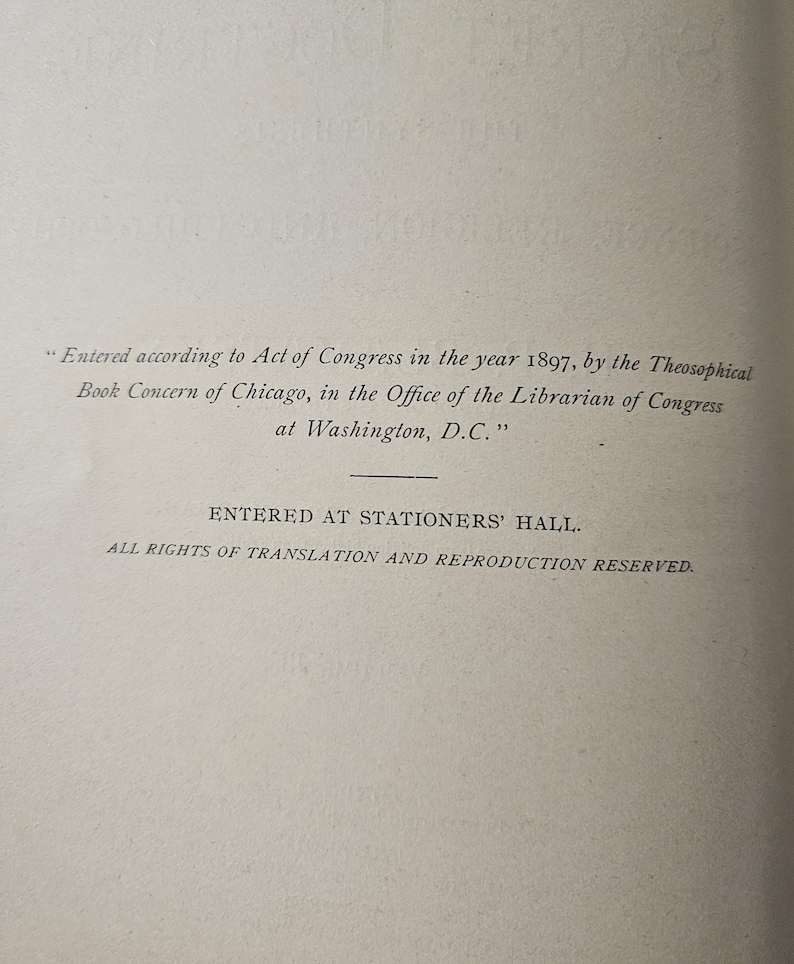 May include: Text from a book page, with the following text: "Entered according to Act of Congress in the year 1897, by the Theosophical Book Concern of Chicago..." and "ENTERED AT STATIONERS' HALL."