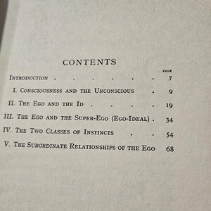 Op de afbeelding: Een pagina uit een boek met de titel "CONTENTS" bovenaan. De tekst geeft de hoofdstukken weer: Inleiding, Bewustzijn en het Onbewuste, Het Ego en het Id, Het Ego en het Super-Ego, De Twee Klassen van Instincten en De Ondergeschikte Relaties van het Ego.