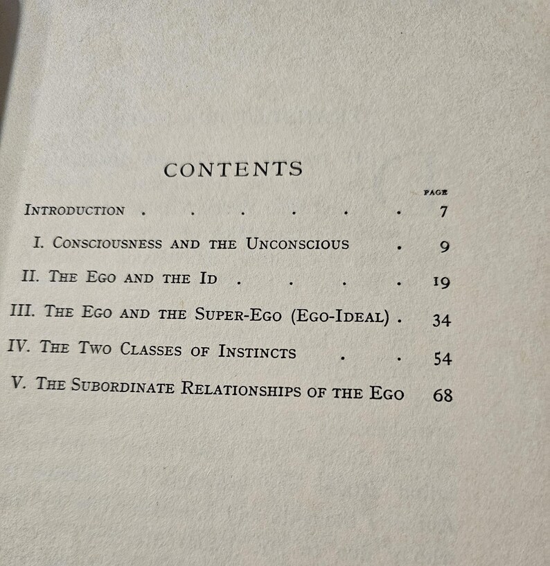 Op de afbeelding: Een pagina uit een boek met de titel "CONTENTS" bovenaan. De tekst geeft de hoofdstukken weer: Inleiding, Bewustzijn en het Onbewuste, Het Ego en het Id, Het Ego en het Super-Ego, De Twee Klassen van Instincten en De Ondergeschikte Relaties van het Ego.