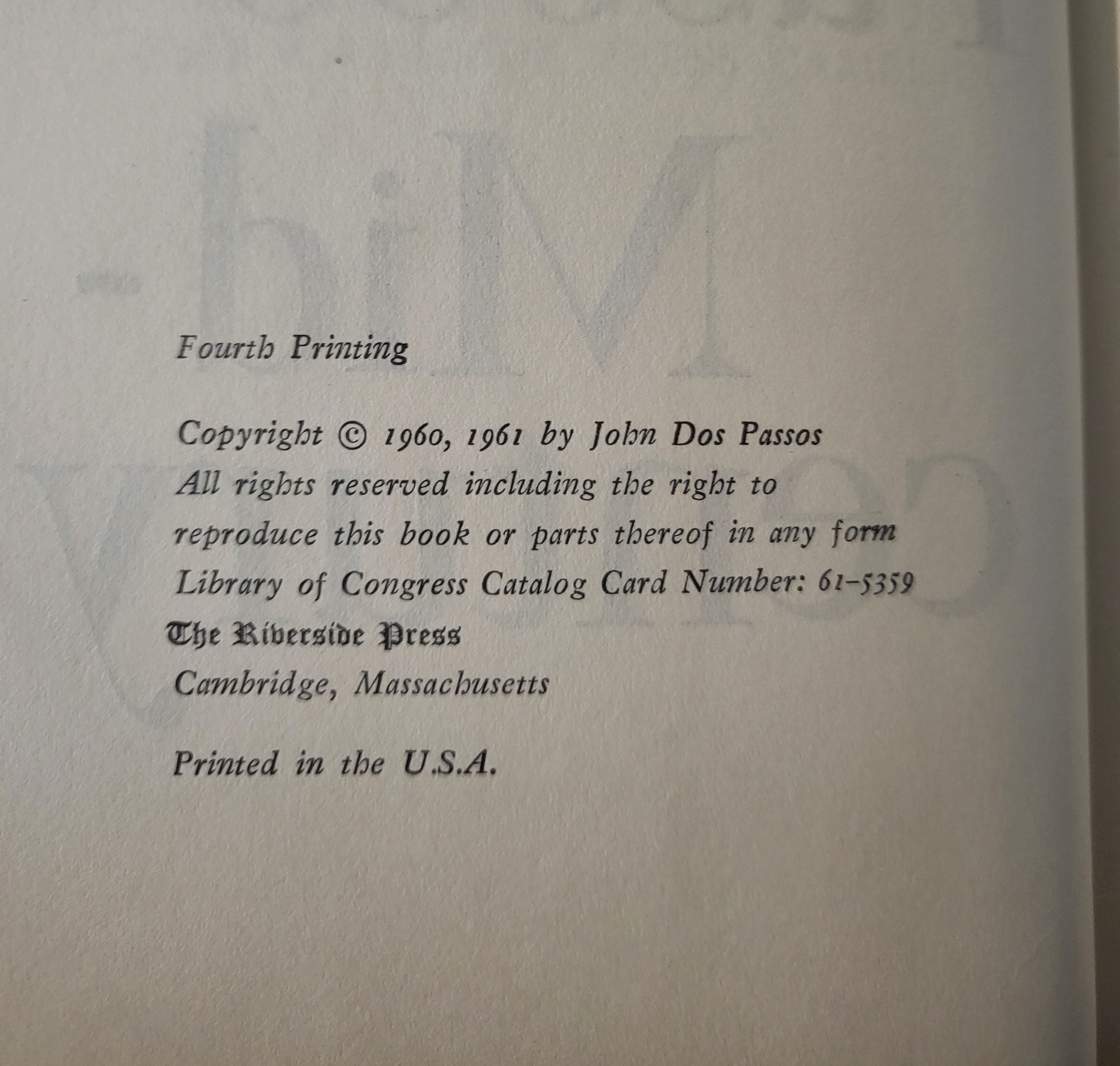 Midcentury by John Dos Passos First Edition / Fourth Printing 1961