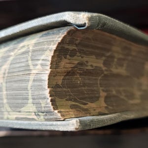 K&ouml;nnte beinhalten: Nahaufnahme des Buchr&uuml;ckens eines abgenutzten, gebundenen Buches mit einem gemusterten Einband. Das Buch ist geschlossen und der R&uuml;cken ist sichtbar, was das Alter und den Verschlei&szlig; des Buches zeigt.