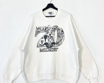 Bluza z okrągłym dekoltem w stylu vintage z lat 90. z Myszką Miki i Goofy Pluto, Kaczor Donald, Myszka Minnie, nadruk z logo, biała, XL