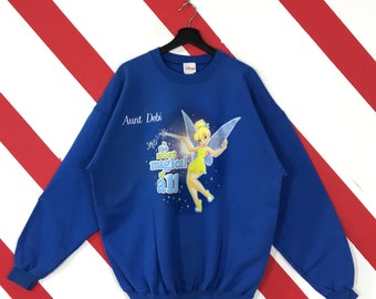 Vintage Tinker Bell Sweatshirt Tinker Bell Crewneck Walt Disney Fairies Sweater Pullover Peter Pan Silvermist Print Logo Blue XLarge