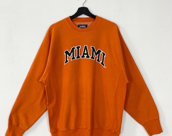 Vintage 90s University Miami Sweatshirt Crewneck Pullover Miami Hurricanes Embroidered Logo Orange Medium
