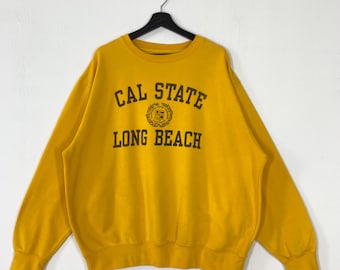 Vintage California State University Long Beach Sweatshirt Crewneck Pullover CSULB 49ers Football Print Logo Yellow Large