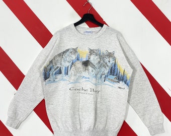 Vintage 90s Cache Bay Sweatshirt Wolf Crewneck Alaska National Park Sweater Pullover Eagle Deer Bear Wolf Howling Print Logo Grey Large