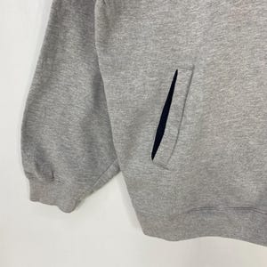 May include: Close-up of a gray sweatshirt with a pocket. The sweatshirt has a dark blue pocket lining. The fabric appears to be a soft, medium-weight material. The sleeve cuff is visible on the left side of the image.