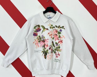 Vintage 90s Bird Sweatshirt Sunflower Crewneck Morning Sun Bird Sweater Morro Bay California Flower Bird Print Logo White Pink Small