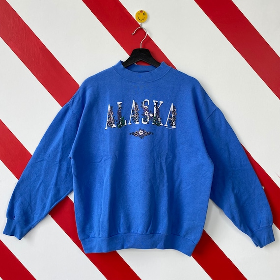 Vintage 90s Alaska Sweatshirt Alaska Crewneck Habitat Alaska Sweater Pullover Alaska Habitat Alaska Flower Discovery Print Logo Blue Medium