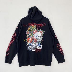 Vintage Ed Hardy Hoodie Sweatshirt Ed Hardy Sweater Pullover Christian Audigier Print Logo Black XLarge