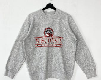 Vintage 80s University Wisconsin Sweatshirt Crewneck Pullover Wisconsin Badgers Print Logo Grey Medium