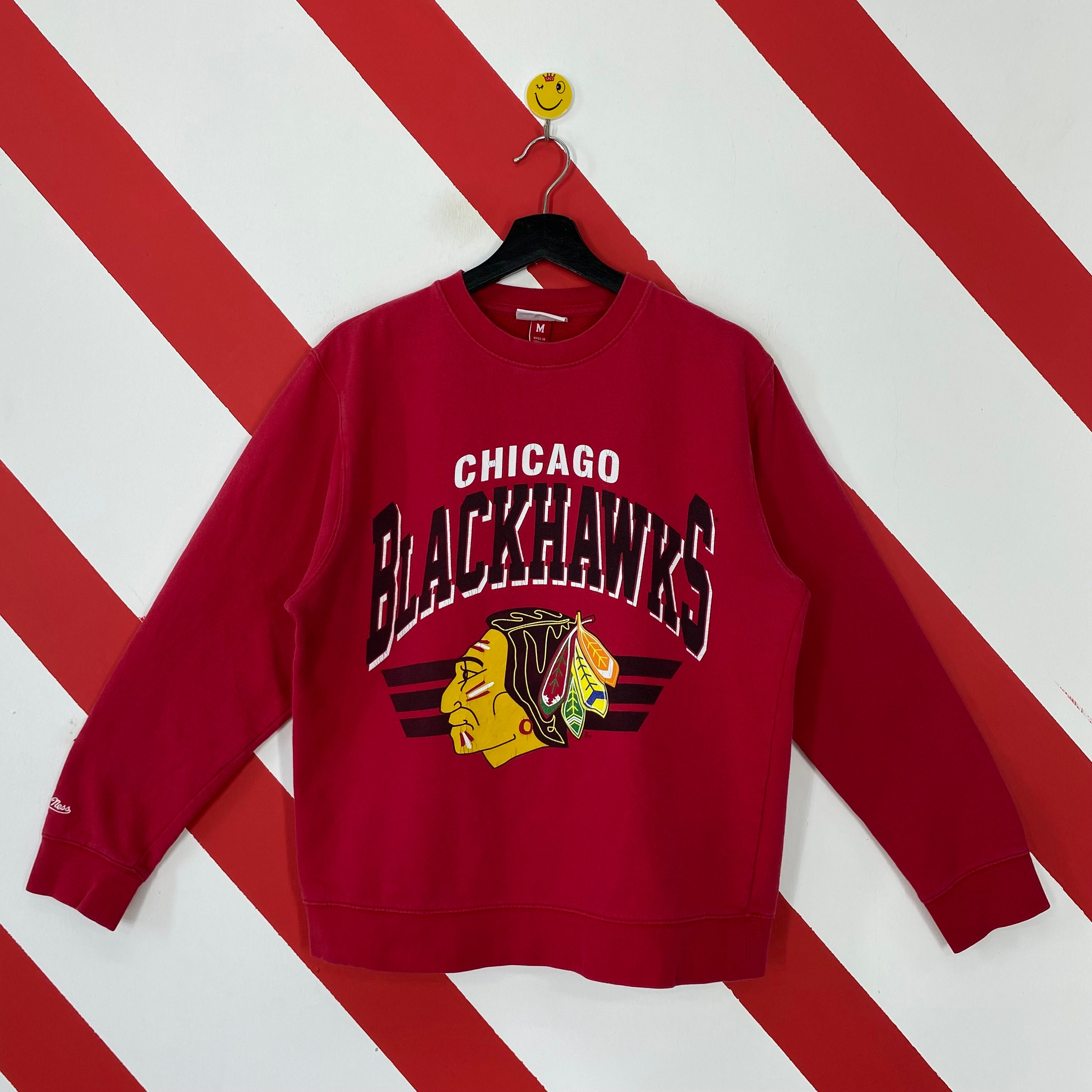 Chicago Blackhawks Hockey Team Vintage Logo Made from old recycled Illinois  License Plates Red T-Shirt