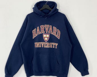 Vintage University Harvard Hoodie Sweatshirt Pullover Harvard Crimson Print Logo Blue Large