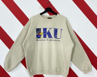 Vintage 90s Kansas Jayhawks Sweatshirt Jayhawks Crewneck Kansas Jayhawks Sweater Pullover University Kansas Jayhawks Print Logo Brown Medium