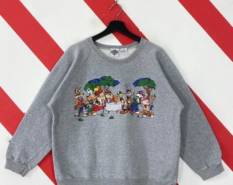 Vintage 90s Looney Tunes Sweatshirt Tweety Crewneck Bugs Bunny Sweater Pullover Cartoon Tasmanian Devil Coyote Embroidered Logo Grey Small