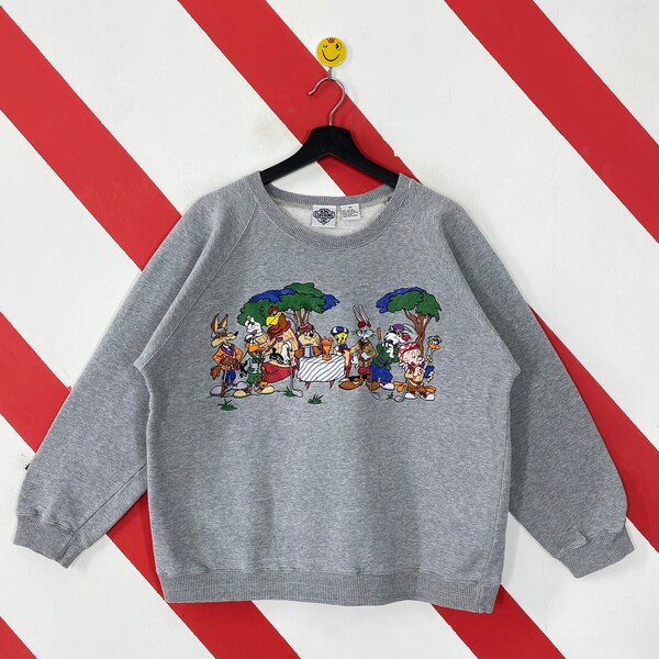 Vintage 90s Looney Tunes Sweatshirt Tweety Crewneck Bugs Bunny Sweater Pullover Cartoon Tasmanian Devil Coyote Embroidered Logo Grey Small