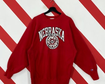 Vintage 90s University Nebraska Sweatshirt Nebraska Crewneck Nebraska Sweater Reverse Weave Nebraska Cornhuskers Print Logo Red XXLarge