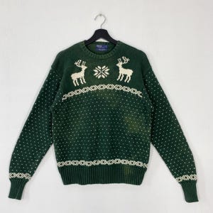 Vintage Polo Ralph Lauren Knit Sweater Pullover Knitwear Wool Reindeer Hand Knit Logo Green Large