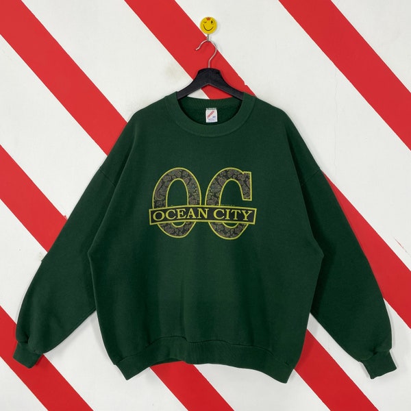 Vintage 90s Ocean City Sweatshirt Trimper Rides Crewneck Northside Park Sweater Pullover Crab Ocean City Print Logo Green XLarge