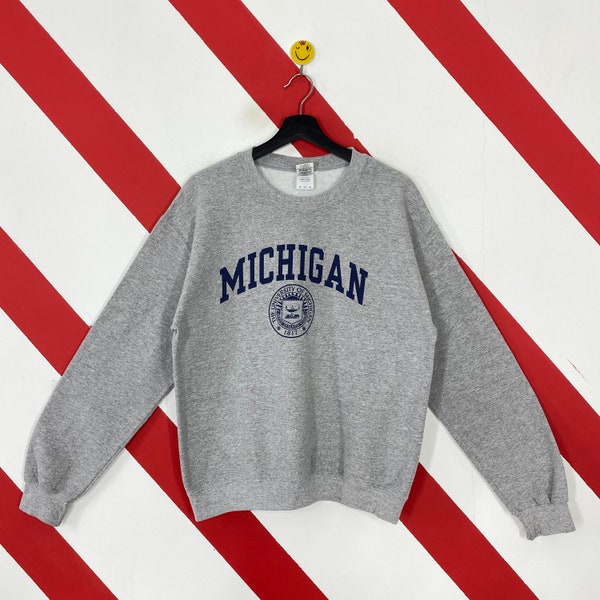 vintage University Of Michigan Sweatshirt Michigan Crewneck Michigan Wolverines Sweater Pullover Michigan State Print Logo Gris Petit