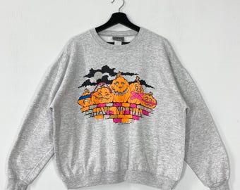 Sudadera vintage de Halloween de los 90, cuello redondo, estampado de espantapájaros, estilo calabaza, gris, talla mediana.