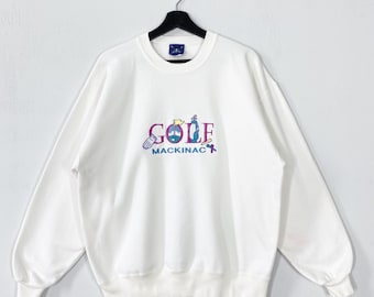 Vintage 90s Mackinac Golf Sweatshirt Crewneck St Andrews Sweater Pullover Harvey Penick Golf Club Embroidered Logo White Large