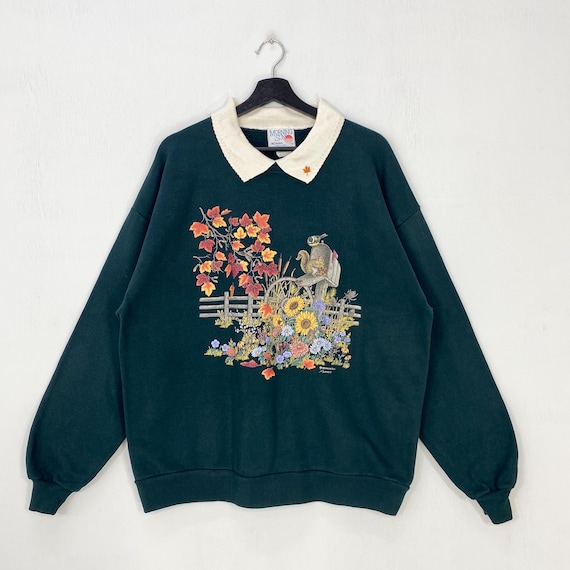 Vintage 90s Sunflower Sweatshirt Crewneck Pullover Butterfly Flora Fauna Bird Cage Print Logo Black XLarge