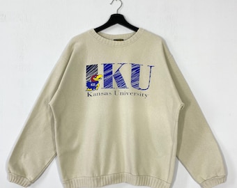 Vintage University Kansas Sweatshirt Crewneck Pullover Kansas Jayhawks Print Logo Brown Medium