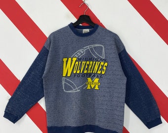 Vintage 90s University Michigan Sweatshirt Michigan Crewneck Michigan Wolverines Sweater Pullover Michigan Wolverines Print Logo Blue Small