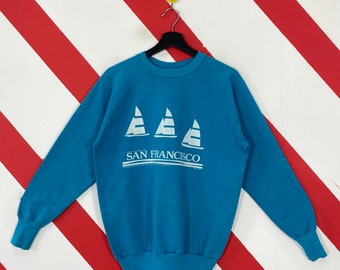 Vintage 80s San Francisco Sweatshirt San Francisco Crewneck Alcatraz Island Sweater Pullover Golden Gate Bridge Print Logo Blue Small