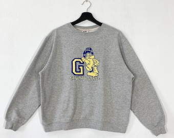 Vintage Grumpy Sweatshirt Crewneck Pullover Snow White Seven Dwarf Dopey Sneezy Sleepy Embroidered Logo Grey Small