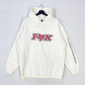 Vintage Fox Racing Hoodie Sweatshirt Motocross Extreme Sports Tryck Logotyp Vit Stor