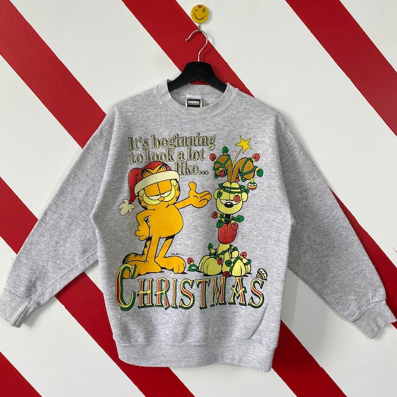 Vintage 90s Garfield Sweatshirt Garfield Crewneck Garfield Sweater Pullover Garfield Cartoon Jumper Garfield Odie Print Logo Grey Medium