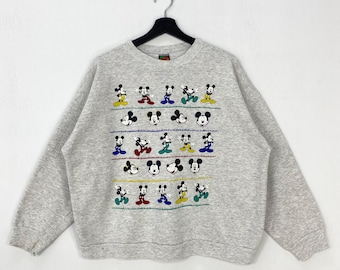 Sudadera vintage de Mickey Mouse de los años 90 con cuello redondo y estampado del Pato Donald y Goofy Pluto, color gris, talla mediana