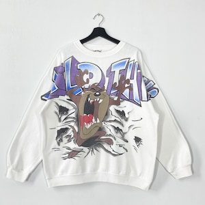 Sudadera vintage de los años 90 con los Looney Tunes, el demonio de Tasmania, cuello redondo, Porky Pig, jersey con estampado del pato Lucas, Bugs Bunny y logotipo, color blanco, talla XL