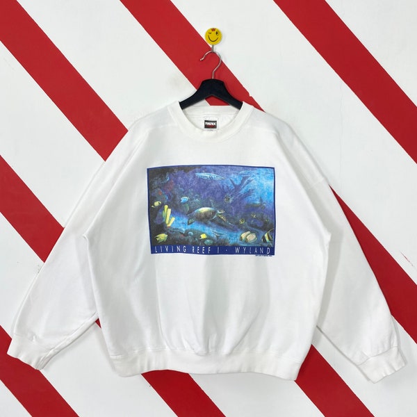 Vintage 90s Living Reef Wyland Sweatshirt Dolphin Paradise Crewneck Coral Sweater Pullover Sea World Fish Turtle Print Logo White XLarge