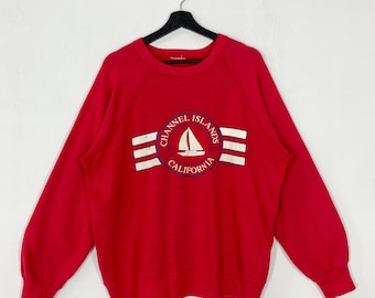 Vintage 80s Channel Islands Sweatshirt Crewneck Pullover California Print Logo Red Large