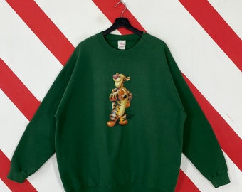 Vintage 90er Jahre Tigger Sweatshirt Tigger Crewneck Walt Disney Tigger Sweater Pullover Tigger Cartoon Pooh Eeyore Print Logo Grün XXL